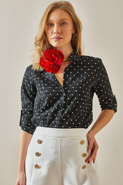 Black Polka Dot Textured Shirt 5YXK2-47977-02