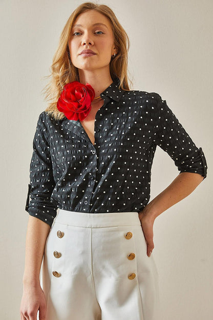 Black Polka Dot Textured Shirt 5YXK2-47977-02