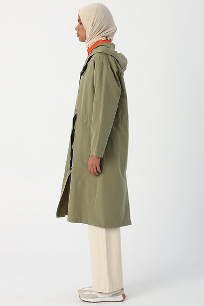 Light Green Hooded Snap-Up Trench Coat