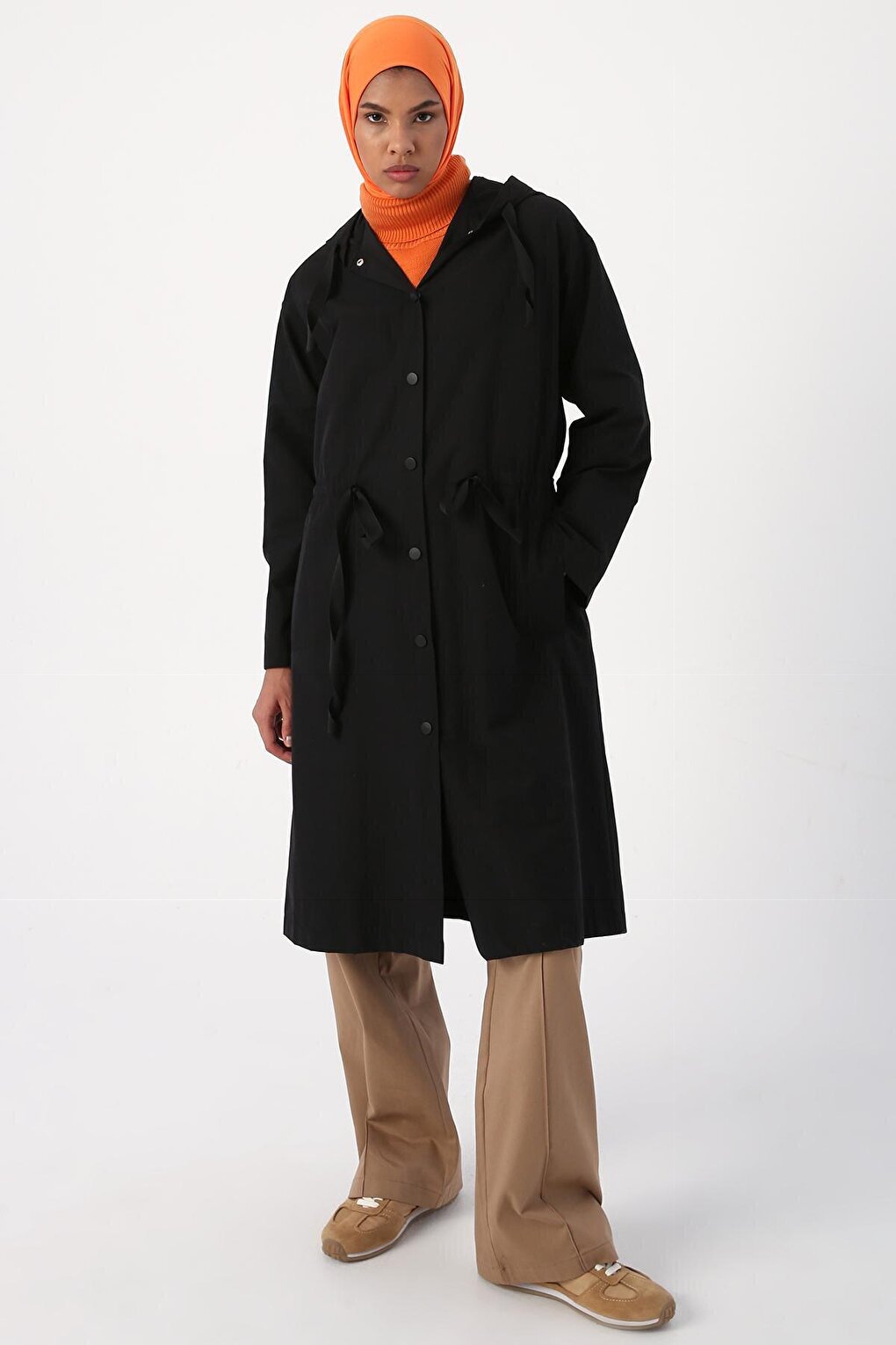 Black Hooded Snap-Up Trench Coat