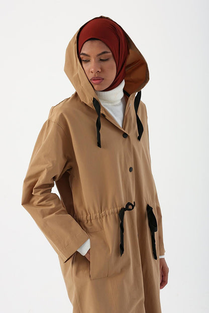 Beige Hooded Snap-Up Trench Coat