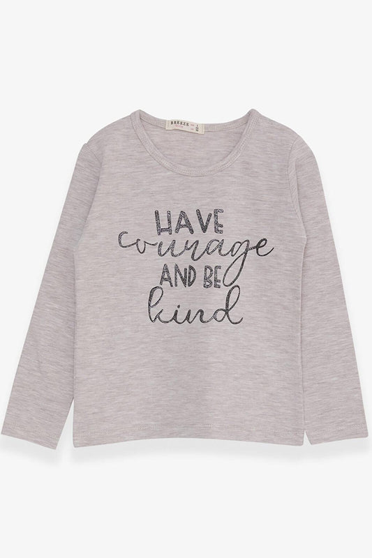 Girl's Long Sleeve T-Shirt Glitter Text Printed Beige Melange (Age 3-7)