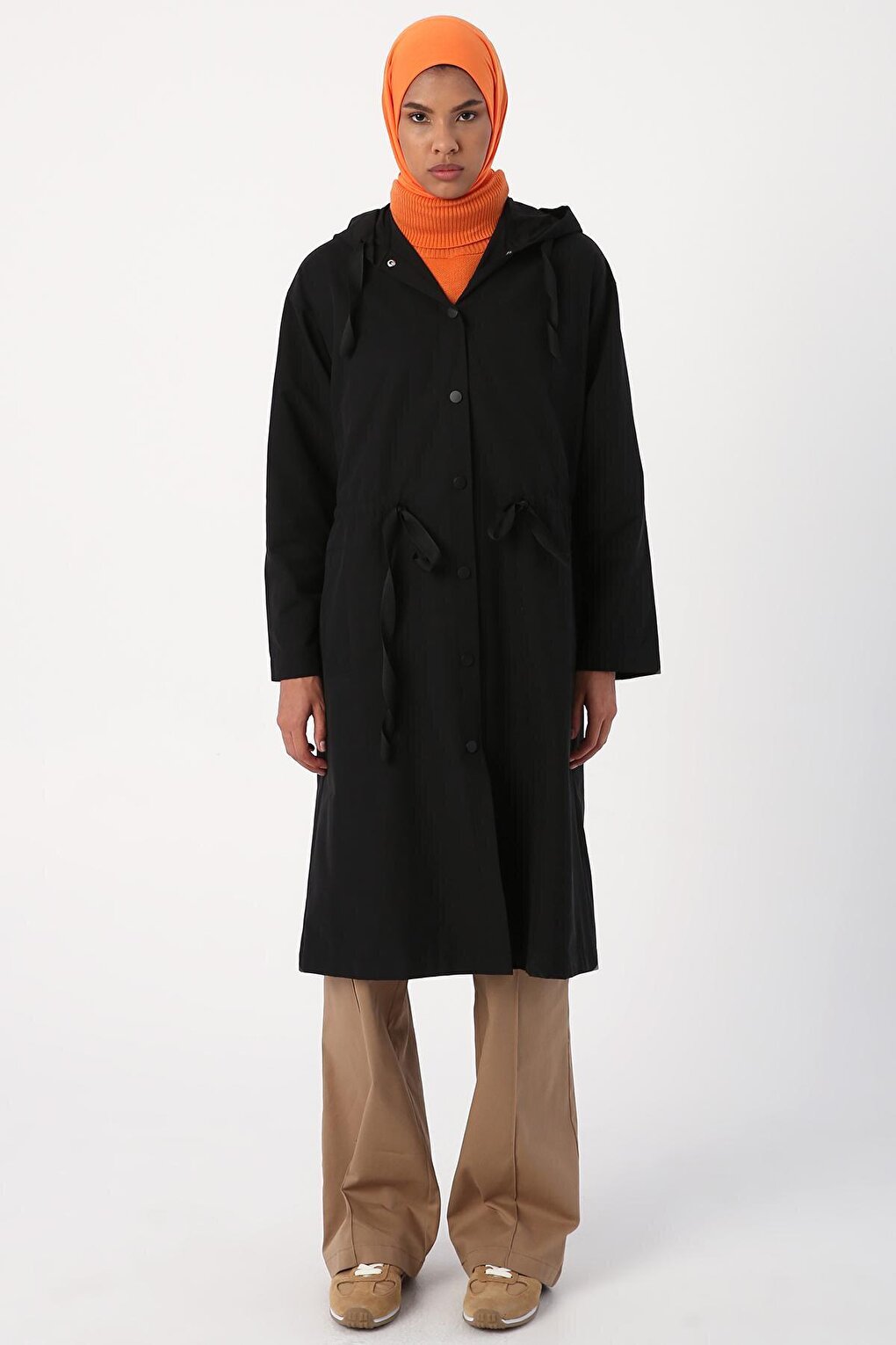 Black Hooded Snap-Up Trench Coat