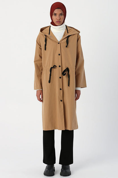 Beige Hooded Snap-Up Trench Coat