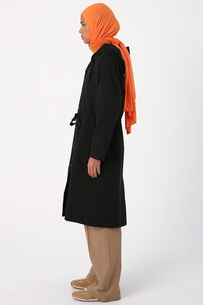 Black Hooded Snap-Up Trench Coat