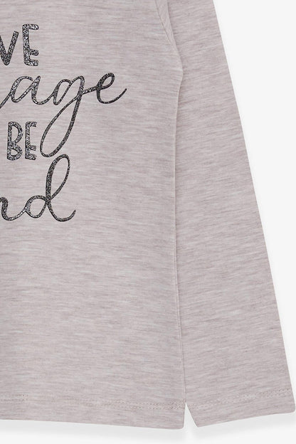 Girl's Long Sleeve T-Shirt Glitter Text Printed Beige Melange (Age 3-7)