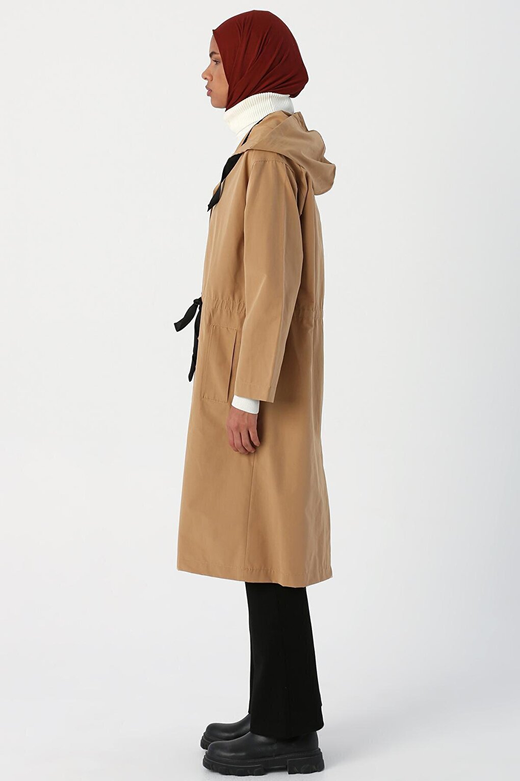 Beige Hooded Snap-Up Trench Coat