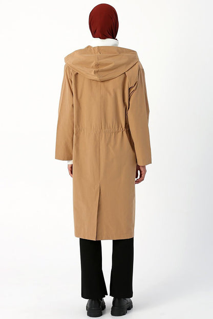 Beige Hooded Snap-Up Trench Coat