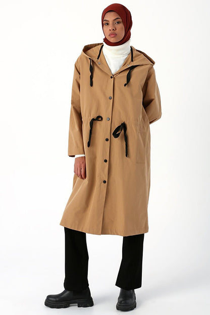 Beige Hooded Snap-Up Trench Coat