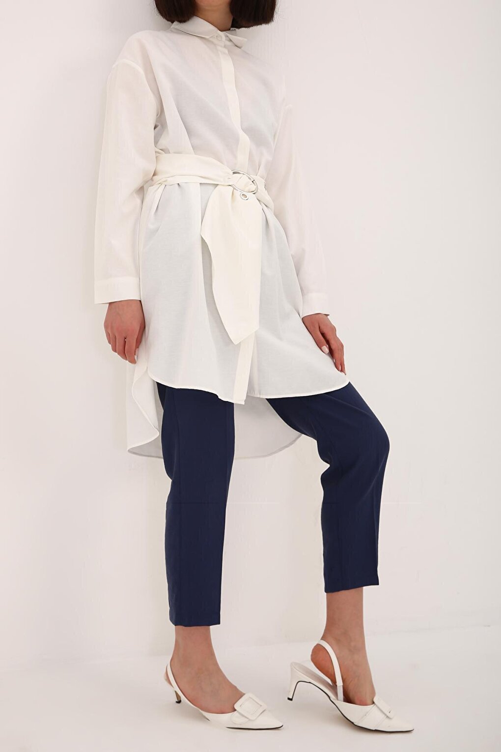 Ecru Belted Comfortable Fit Shirt Tunic