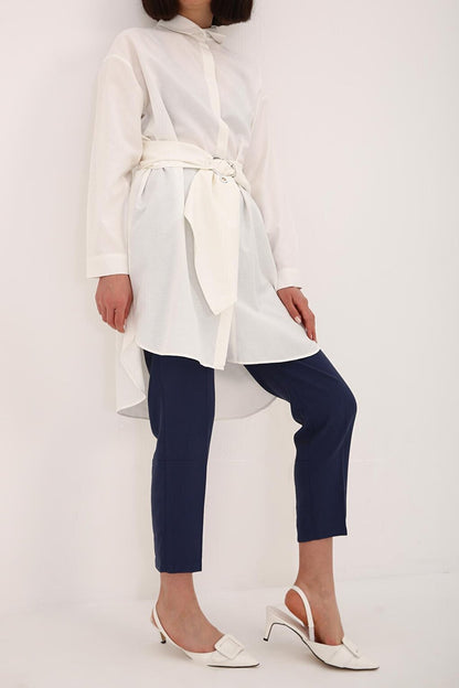 Ecru Belted Comfortable Fit Shirt Tunic