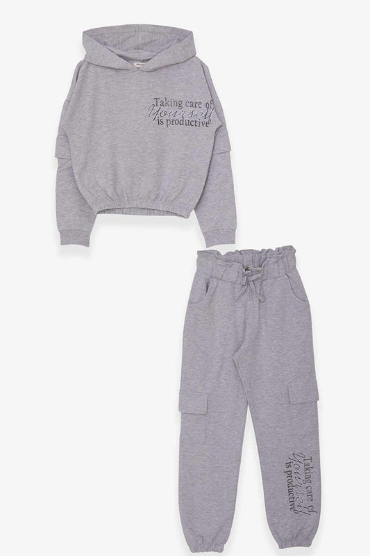 Girl's Tracksuit Set with Text Printed Cargo Pocket Light Gray Melange (Ages 8-12)