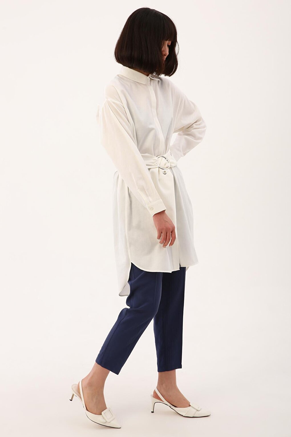 Ecru Belted Comfortable Fit Shirt Tunic