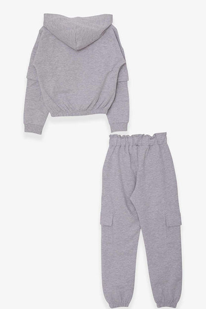 Girl's Tracksuit Set with Text Printed Cargo Pocket Light Gray Melange (Ages 8-12)