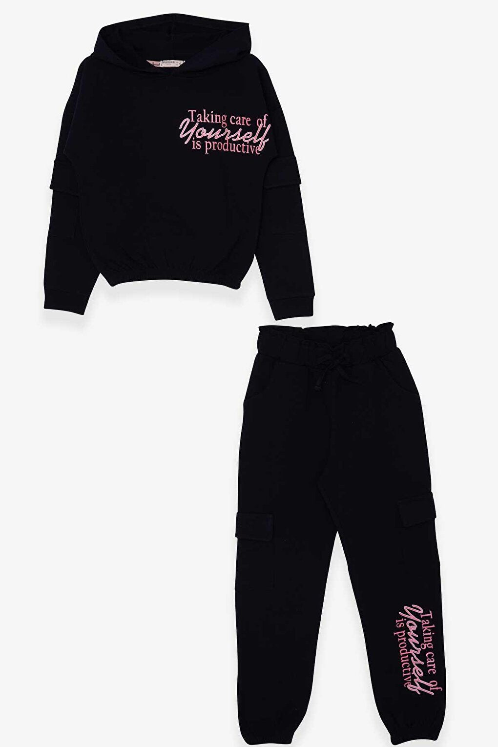 Girl's Tracksuit Set, Text Printed, Navy Blue with Cargo Pocket (Age 8-12)