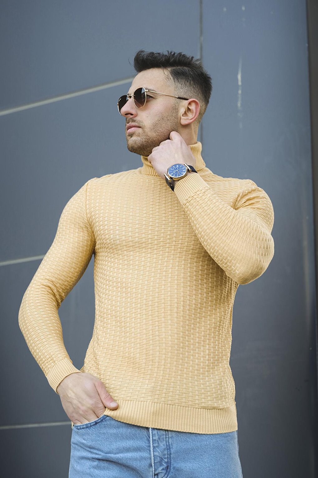 Sorte T18 Slim Fit Cotton Square Pattern Turtleneck Knitwear