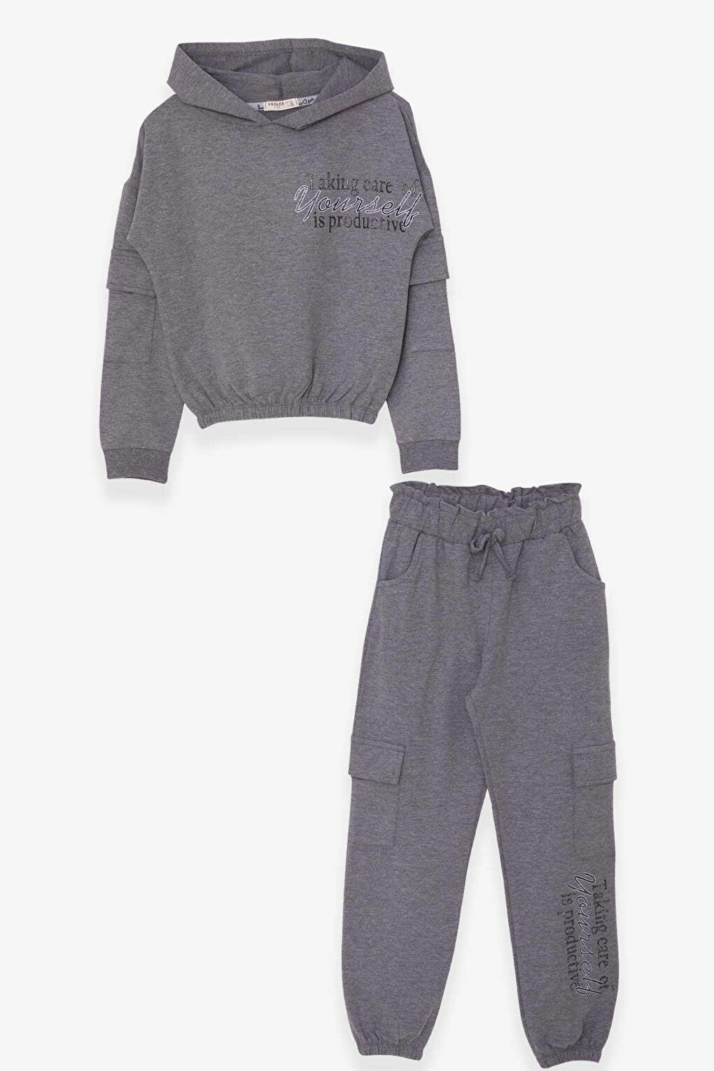 Girls' Tracksuit Set with Text Printed Cargo Pocket Dark Gray Melange (Ages 8-12)