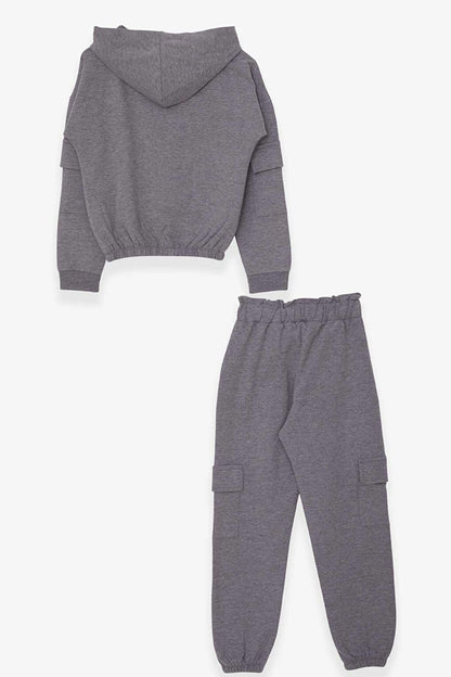 Girls' Tracksuit Set with Text Printed Cargo Pocket Dark Gray Melange (Ages 8-12)