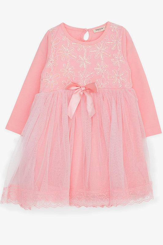 Girl's Long Sleeve Dress Bow Tulle Pink (Age 3-8)