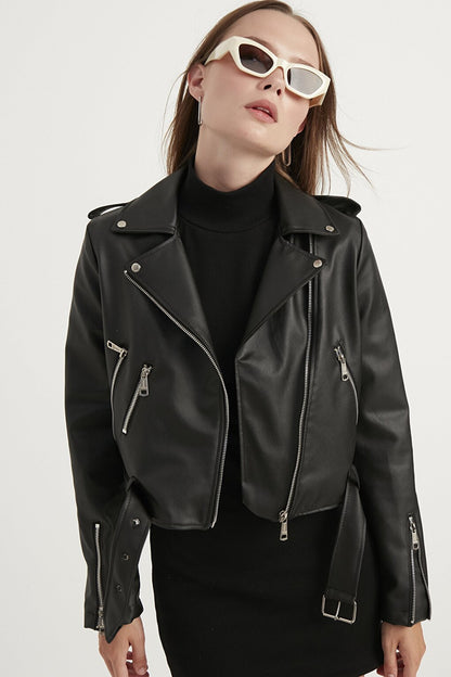 Women's Black Zipper Detailed Leather Jacket