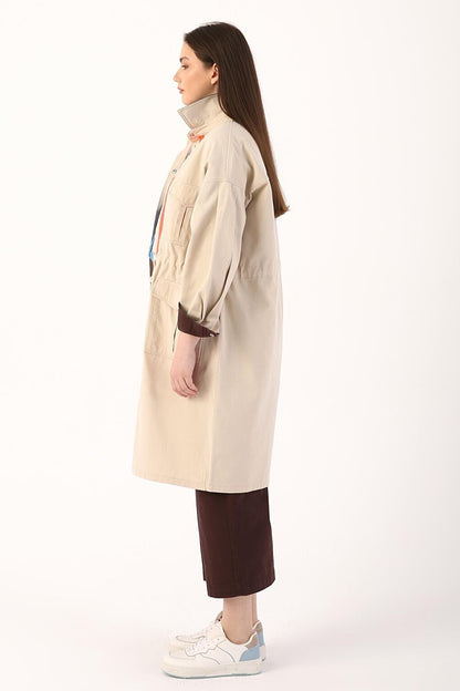 Sand Beige 100% Cotton Neon Detailed Snap Fastener Sports Trench Coat