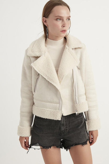 Faux Suede Crop Biker Jacket with Fur Inside