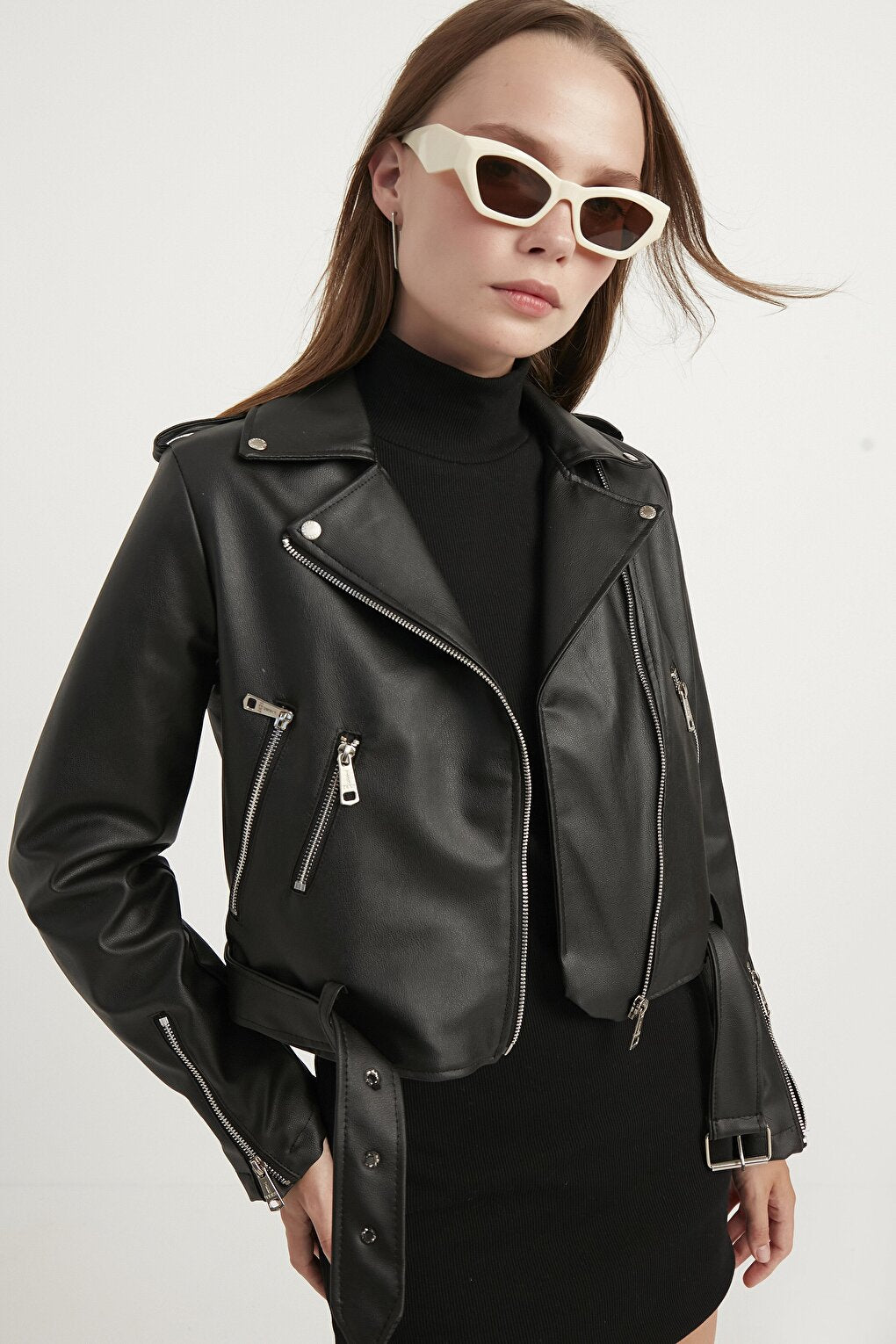 Women's Black Zipper Detailed Leather Jacket