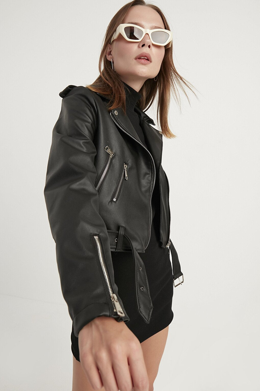 Women's Black Zipper Detailed Leather Jacket