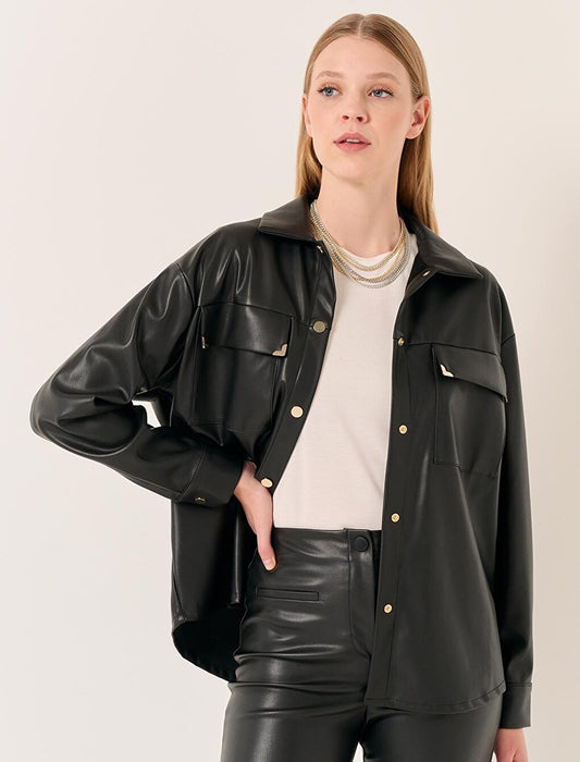 Black Long Sleeve Stylish Leather Shirt Jacket