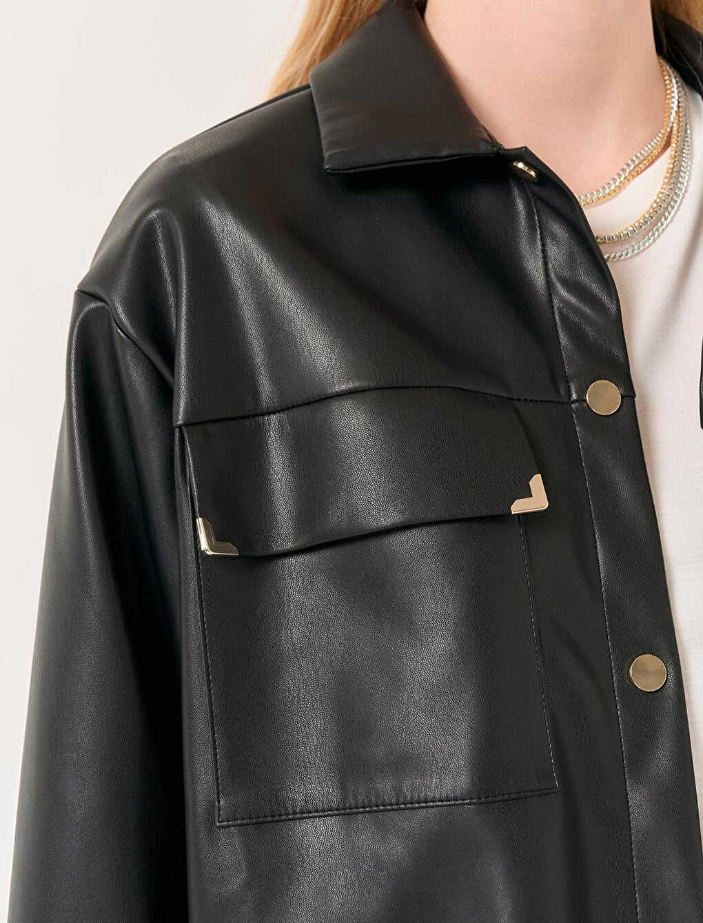 Black Long Sleeve Stylish Leather Shirt Jacket