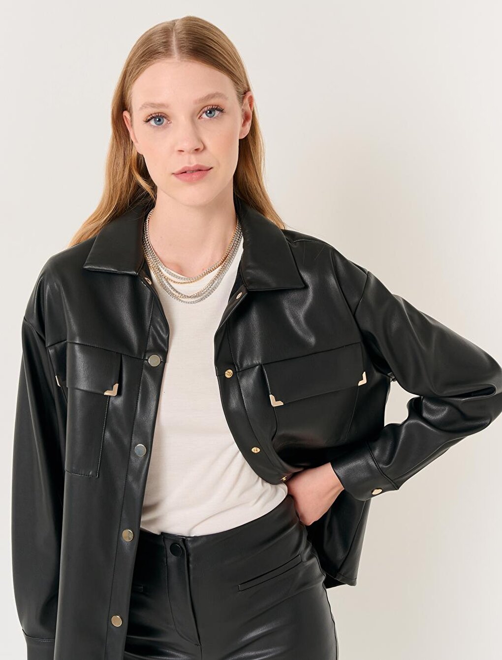 Black Long Sleeve Stylish Leather Shirt Jacket