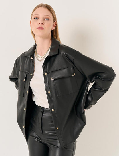 Black Long Sleeve Stylish Leather Shirt Jacket