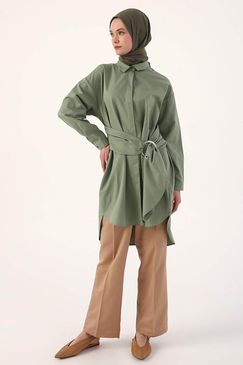 Light Green Belted Comfortable Fit Shirt Tunic