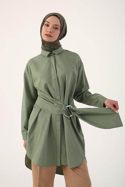 Light Green Belted Comfortable Fit Shirt Tunic