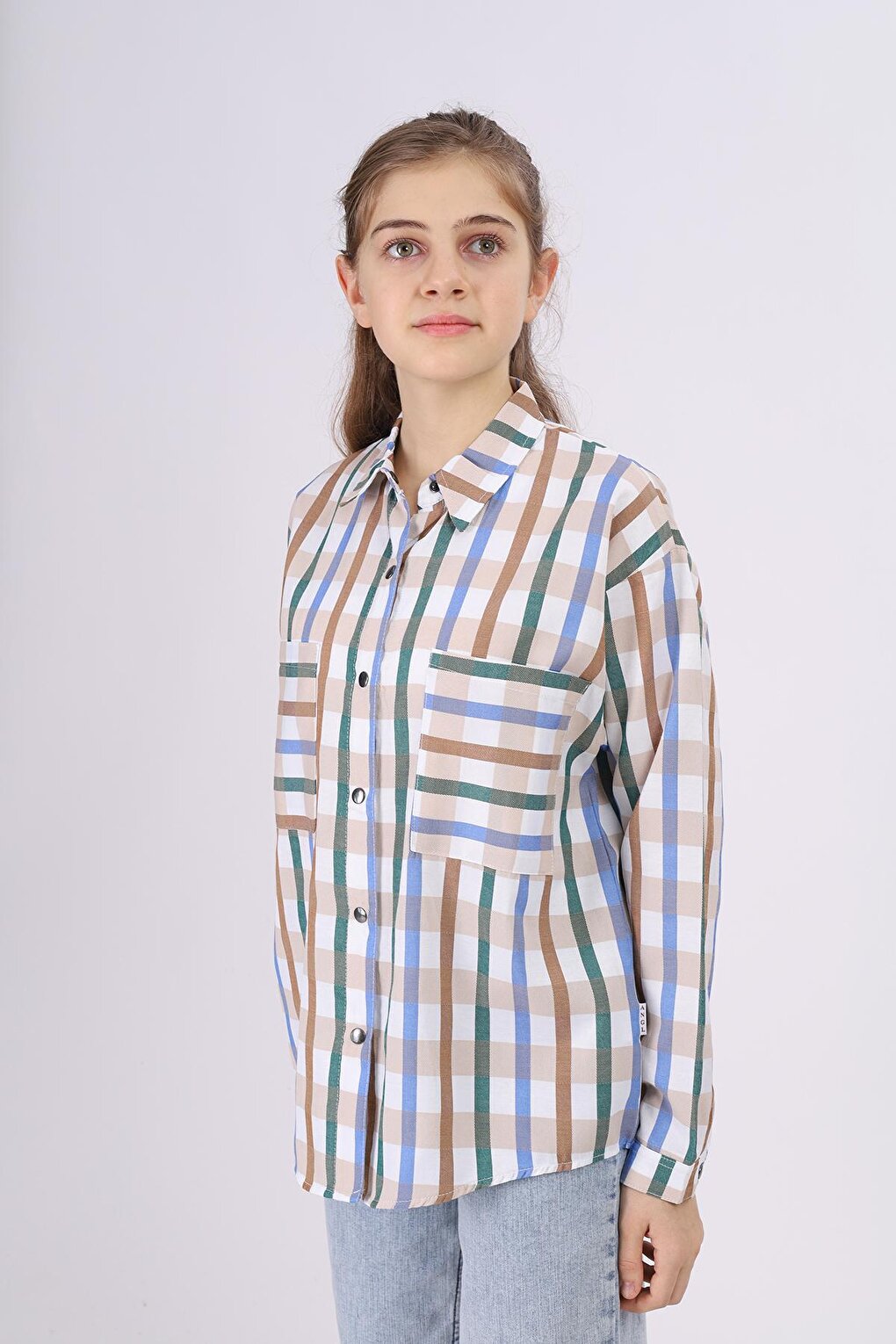 Girl's Square Patterned Plaid Shirt 9-14 Years Lx177-2