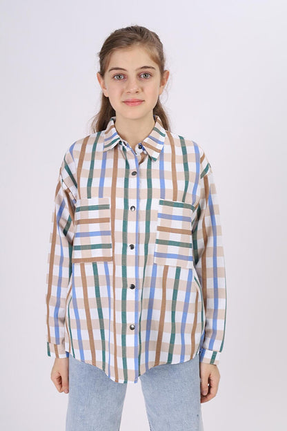 Girl's Square Patterned Plaid Shirt 9-14 Years Lx177-2