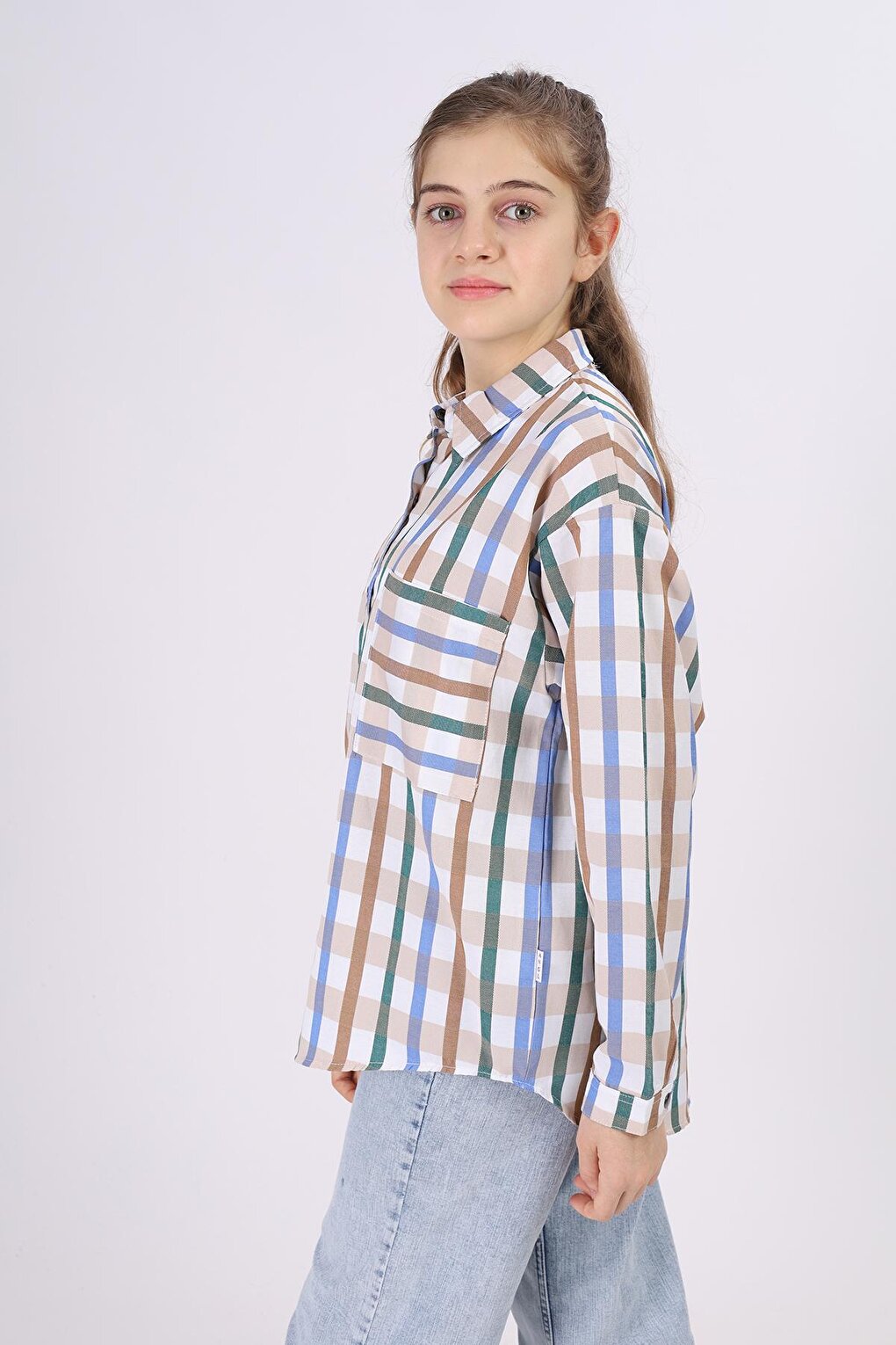 Girl's Square Patterned Plaid Shirt 9-14 Years Lx177-2