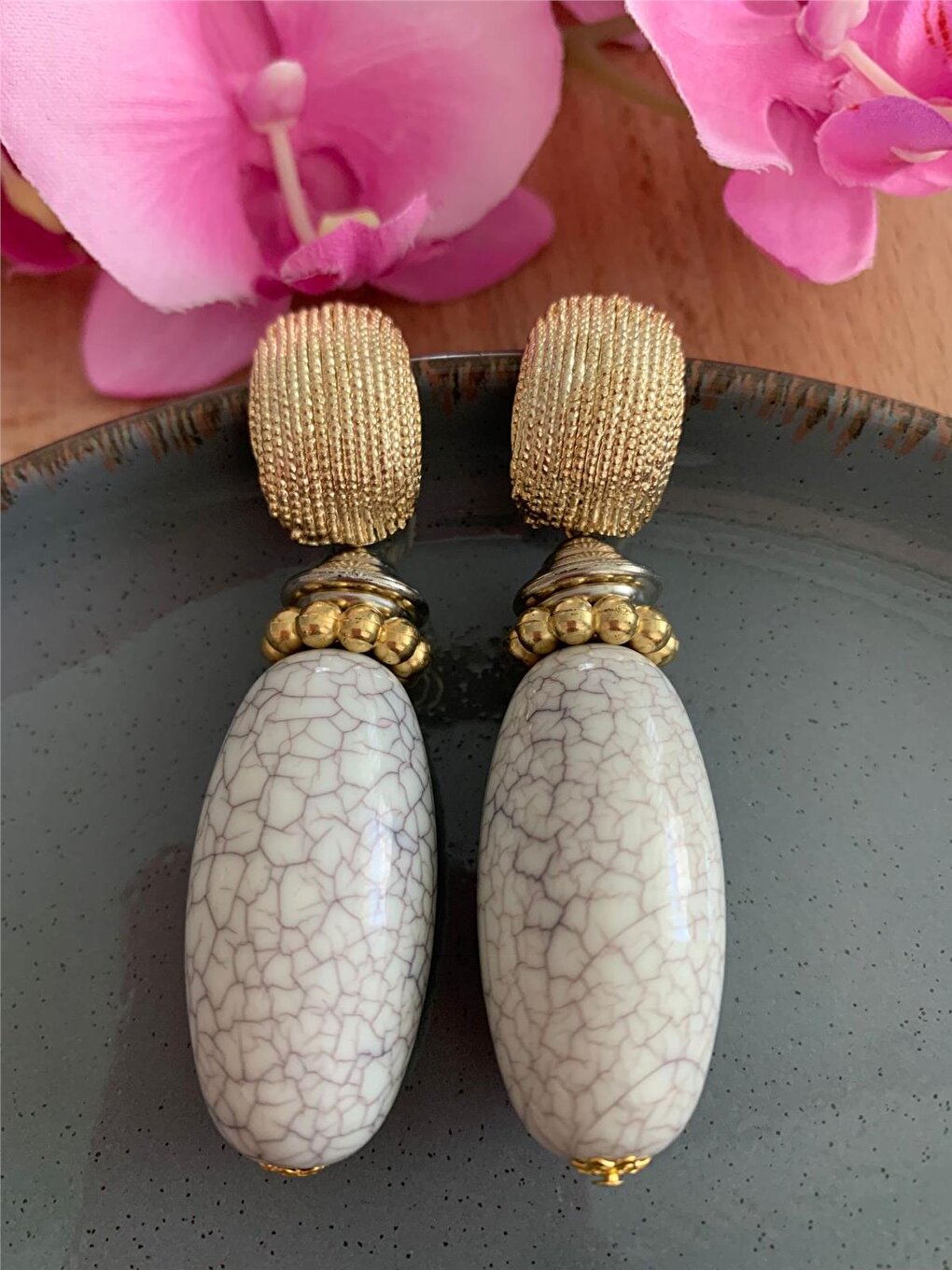 Large White Marble Beaded Design Earrings