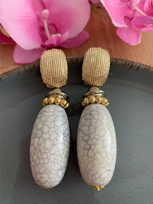 Large White Marble Beaded Design Earrings