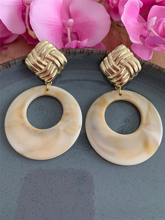 Cream Big Circle Beaded Design Earrings