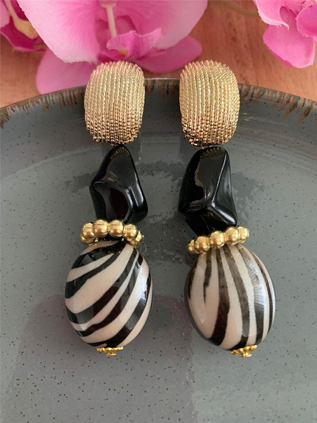 Ecru Black Striped Design Earrings