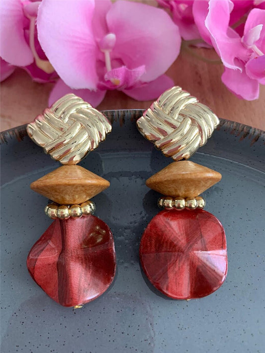 Red And Wooden Beaded Design Earrings