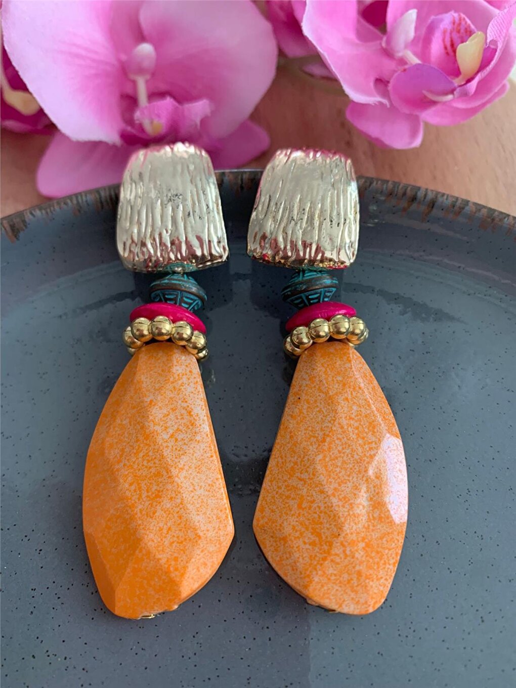 Orange Beaded Design Earrings