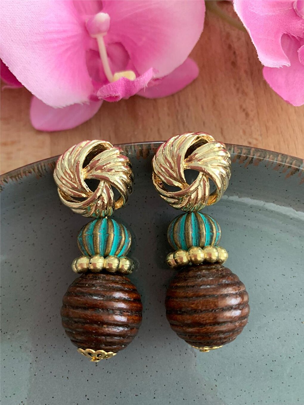 Orange Green Wooden Ball Beaded Design Earrings