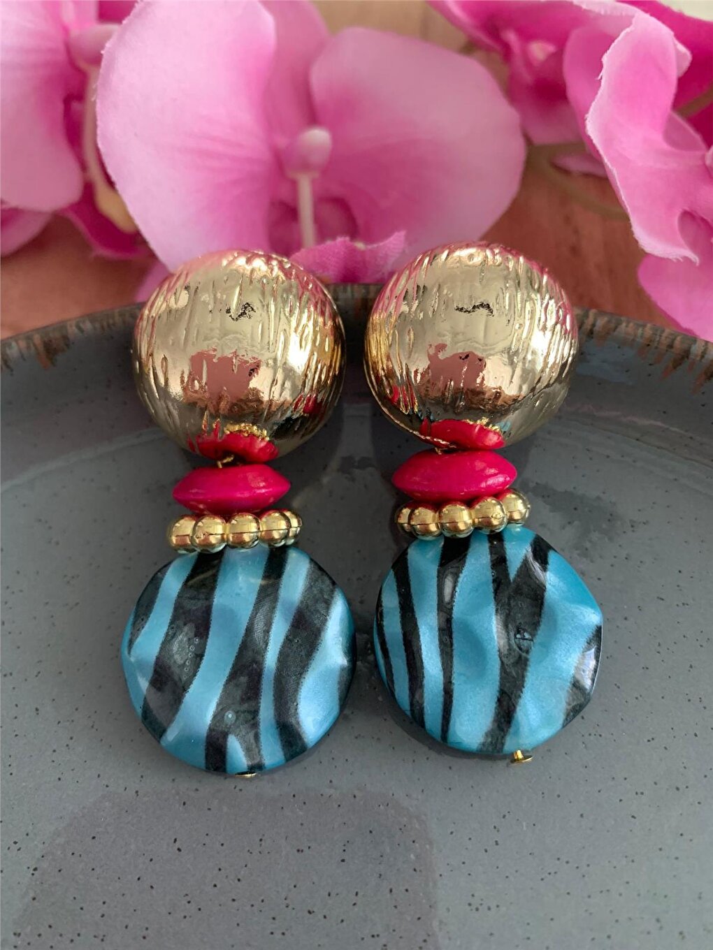 Blue Fuchsia Beaded Design Earrings