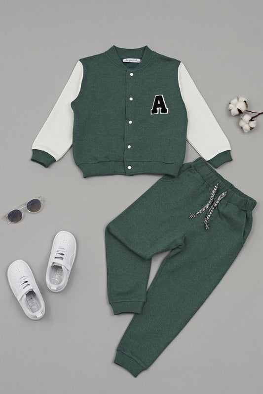 College Jacket A Embroidered Green Top and Bottom Set