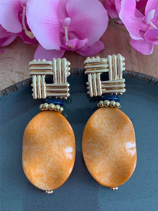 Orange Big Wavy Beaded Design Earrings