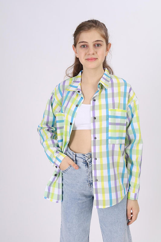 Girl's Square Patterned Plaid Shirt 9-14 Years Lx177-2