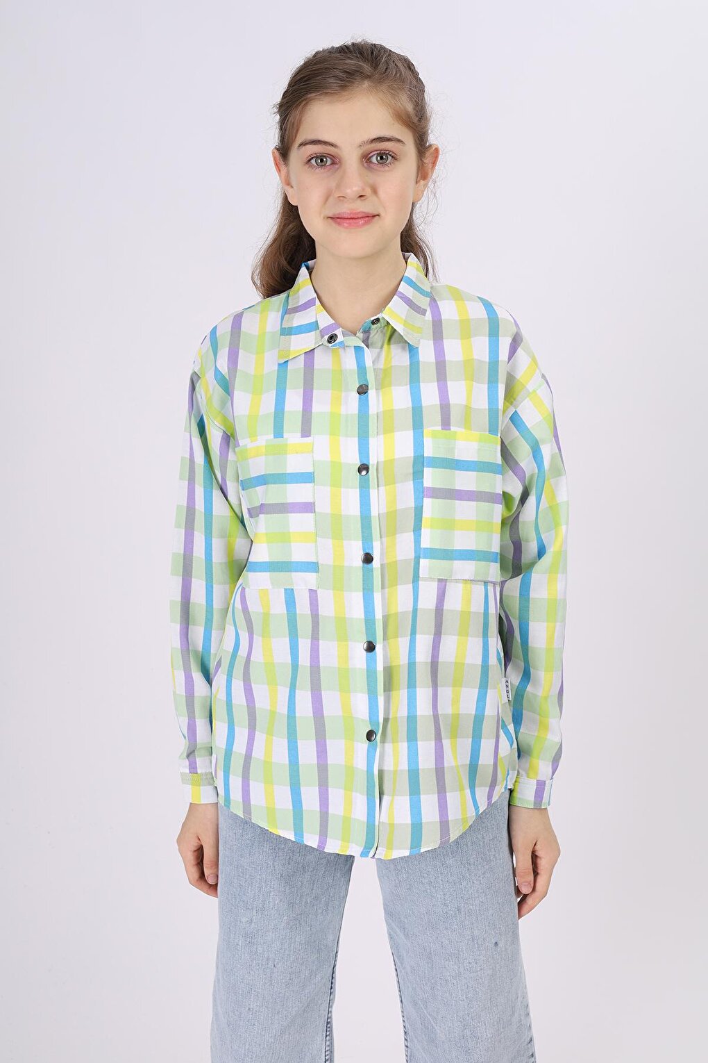 Girl's Square Patterned Plaid Shirt 9-14 Years Lx177-2