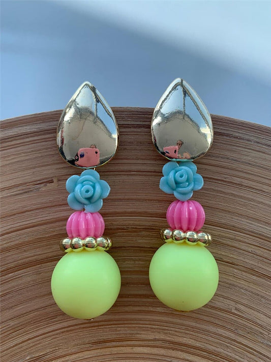 Neon Yellow Blue Floral Design Earrings